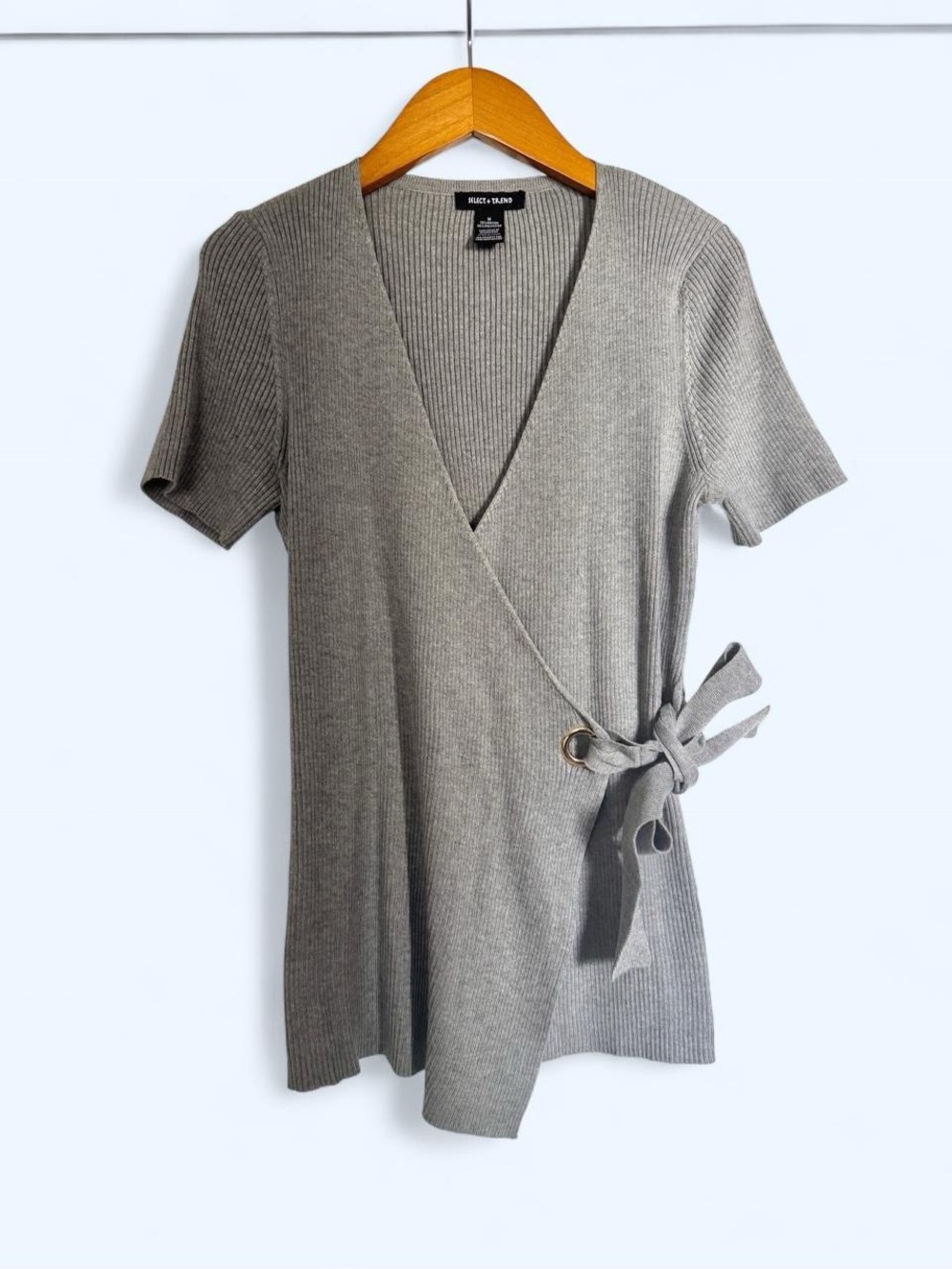 Gray Short-Sleeve Wrap Knit Top